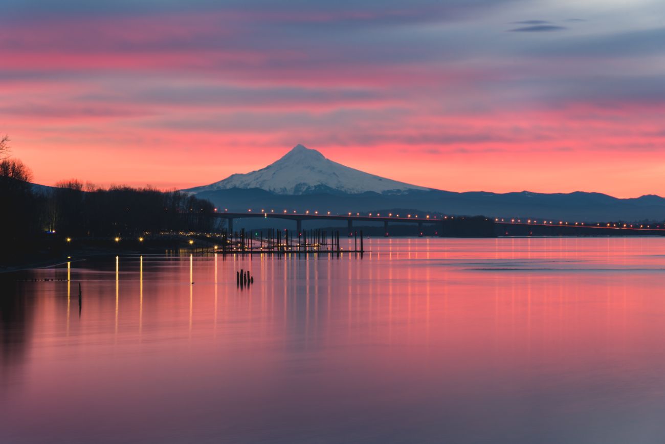 Sunrise view of Mt Hood from Vancouver WA over the Columbia River